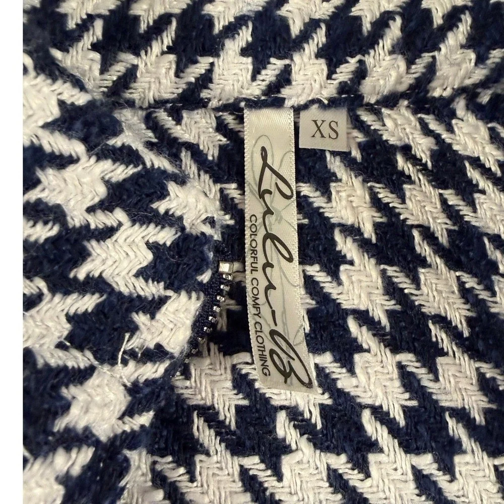 Lulu-B Navy Blue White Houndstooth Quarter Zip Pullover Mock Neck Top‎ Womens XS